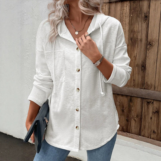 Damen Modische Strickjacke mit Kapuze und Knopfleiste Nord Taschen