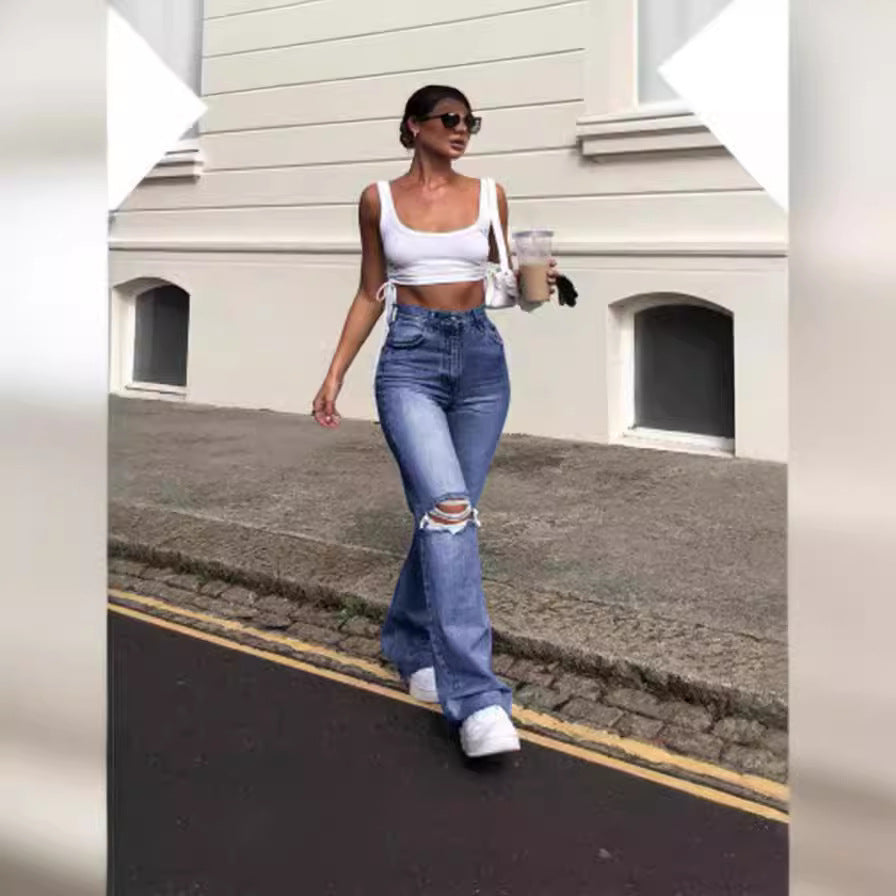 Damen Vintage Schlagjeans mit modischen Rissdetails und hohem Bund