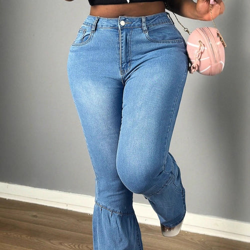 Damen Hochtaillierte Denim-Jeans mit stufenweisem Volant‑Flare und sculptendem Schnitt Nord Taschen
