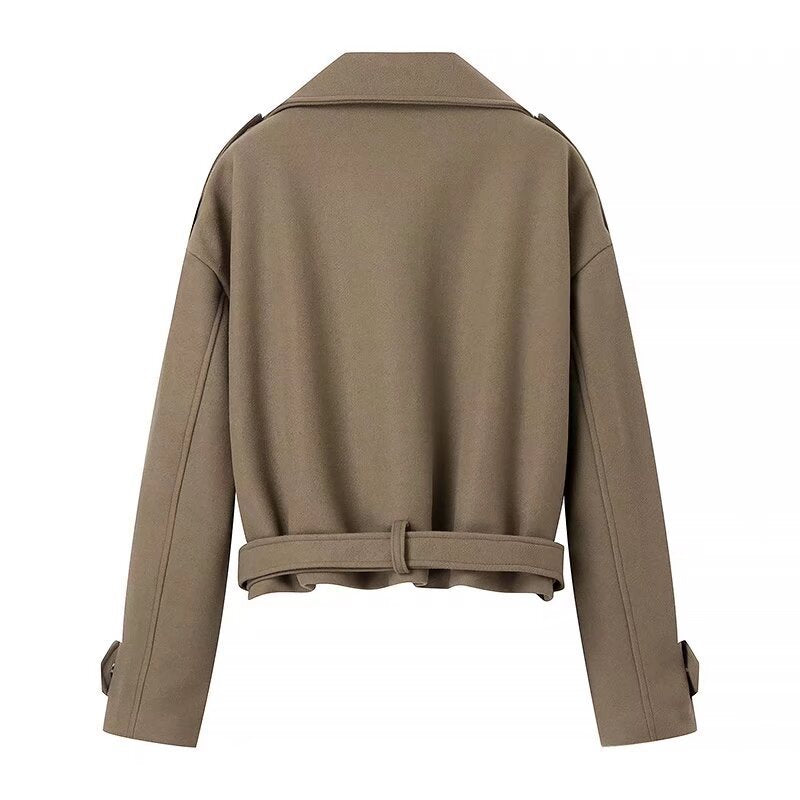 Damen Kurzer Wollmix-Trench mit Gürtel, Epauletten und weitem Revers Nord Taschen