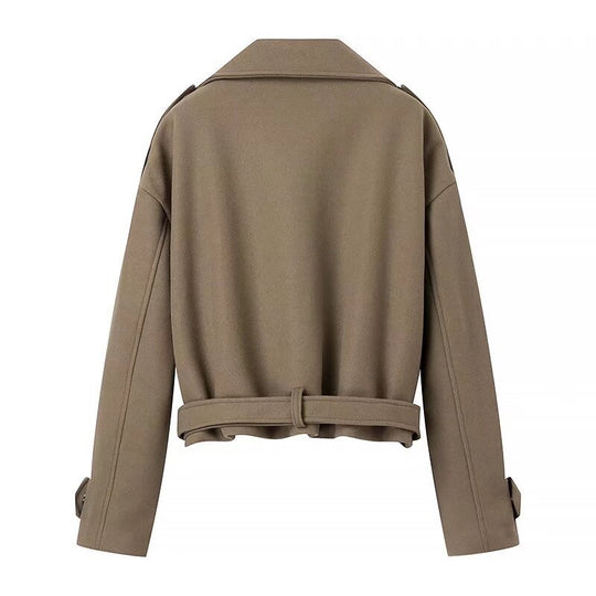 Damen Kurzer Wollmix-Trench mit Gürtel, Epauletten und weitem Revers Nord Taschen