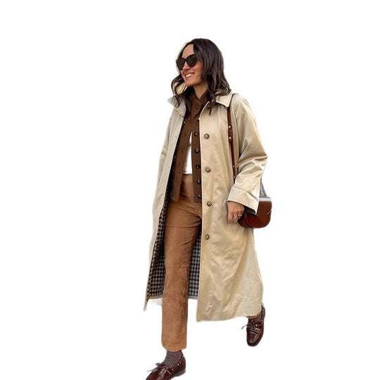 Damen Maxilanger Trenchcoat mit Karofutter, weitem Fall & klassischer Knopfleiste Nord Taschen