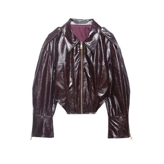 Damen Cropped Lackleder-Optik Bikerjacke mit Oversize-Ärmeln, Schulterklappen und durchgehendem Frontzip Nord Taschen