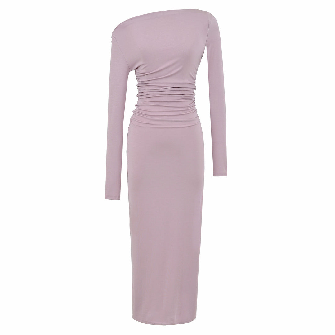 Damen Einschulter-Midikleid mit Langarm und seitlicher Raffung Nord Taschen