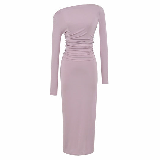 Damen Einschulter-Midikleid mit Langarm und seitlicher Raffung Nord Taschen