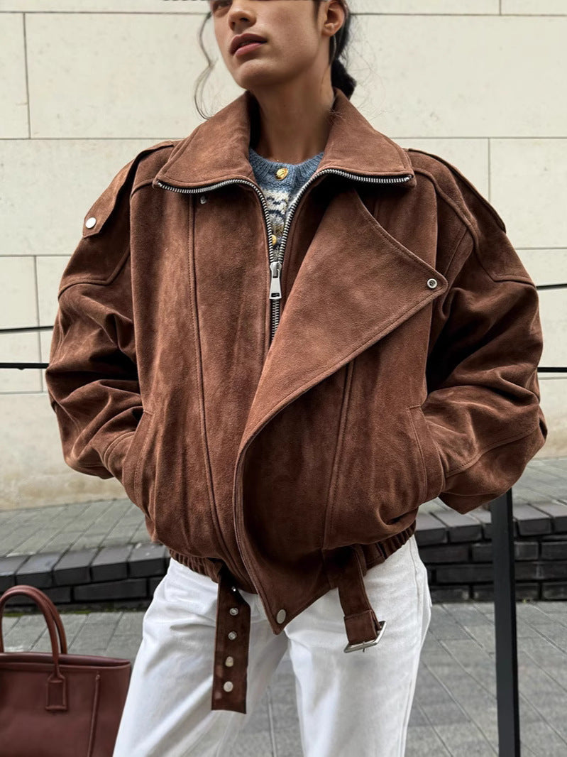 Damen Oversized Veloursleder-Bomberjacke mit Taillengürtel und Schalkragen Nord Taschen