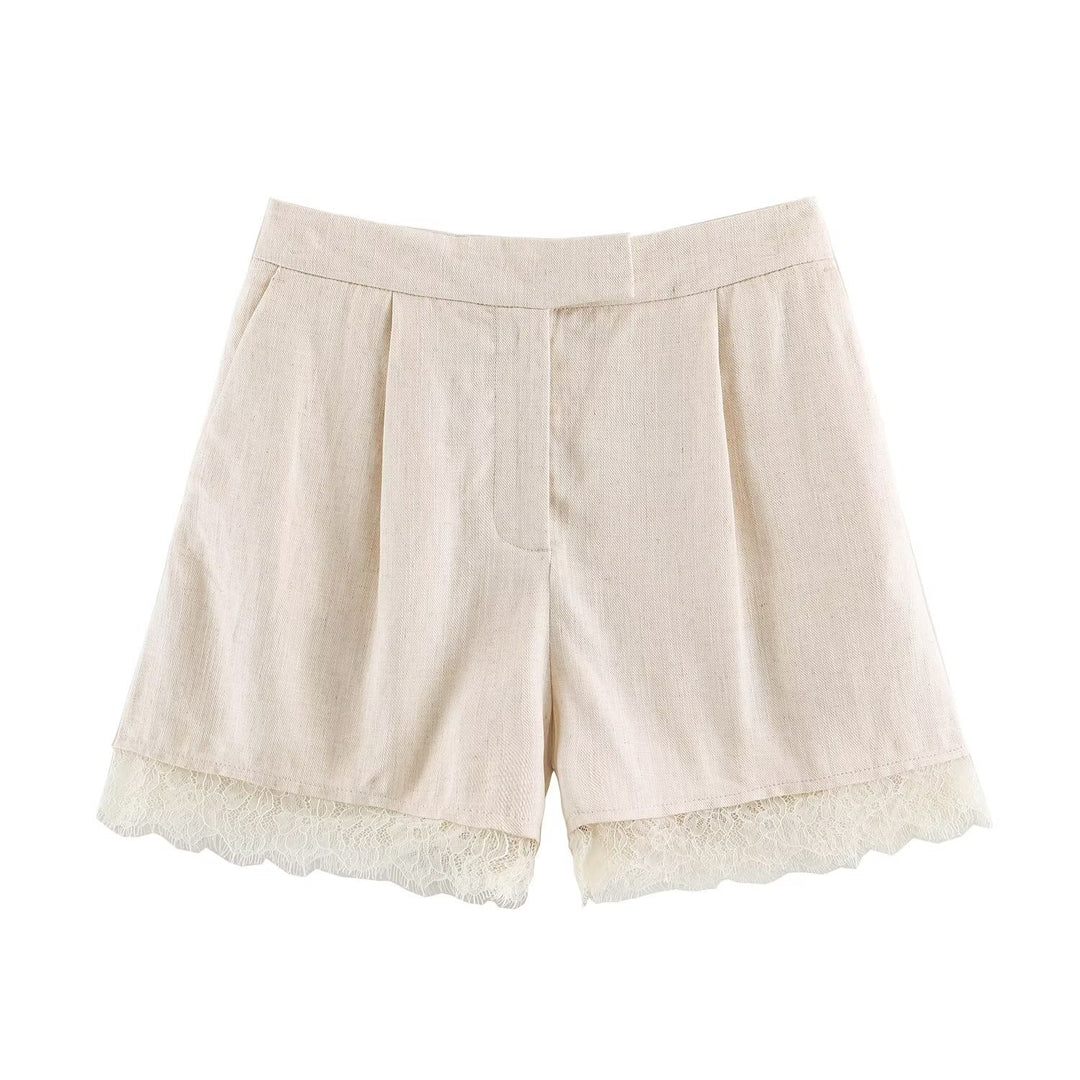 Damen Zweiteiler Kurzblazer mit V-Ausschnitt und Spitzenbesatz sowie hochtaillierte Bundfalten-Shorts Nord Taschen