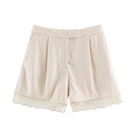 Damen Zweiteiler Kurzblazer mit V-Ausschnitt und Spitzenbesatz sowie hochtaillierte Bundfalten-Shorts Nord Taschen