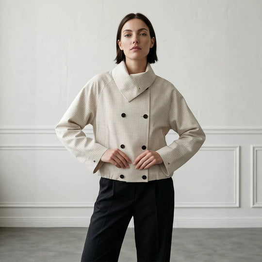 Damen Kurze Doppelreiher-Blousonjacke mit Wickelkragen und Raglanärmeln Nord Taschen