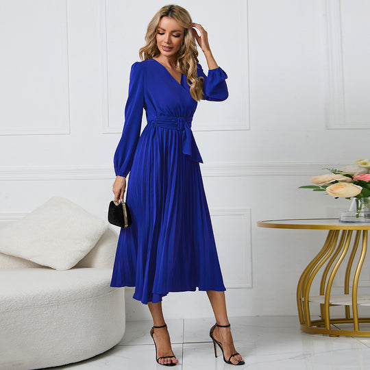 Damen Plissiertes Wickel‑Midikleid mit Taillengürtel und V‑Ausschnitt Nord Taschen