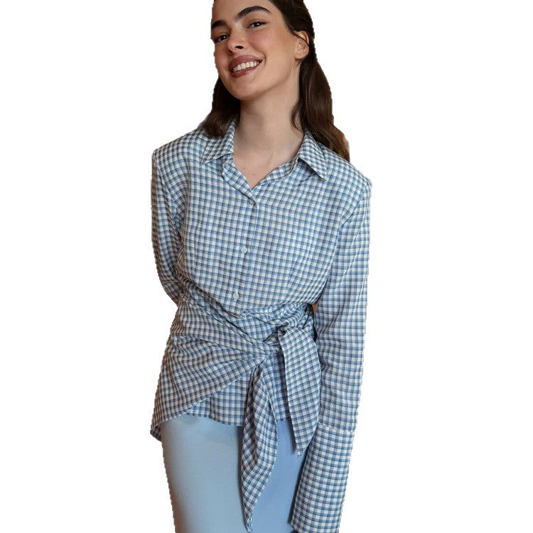 Damen Gingham-Wickelbluse mit seitlicher Taillenbinde und Hemdkragen Nord Taschen