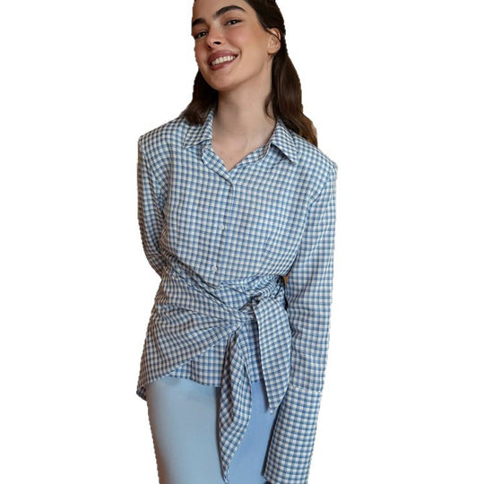 Damen Gingham-Wickelbluse mit seitlicher Taillenbinde und Hemdkragen Nord Taschen