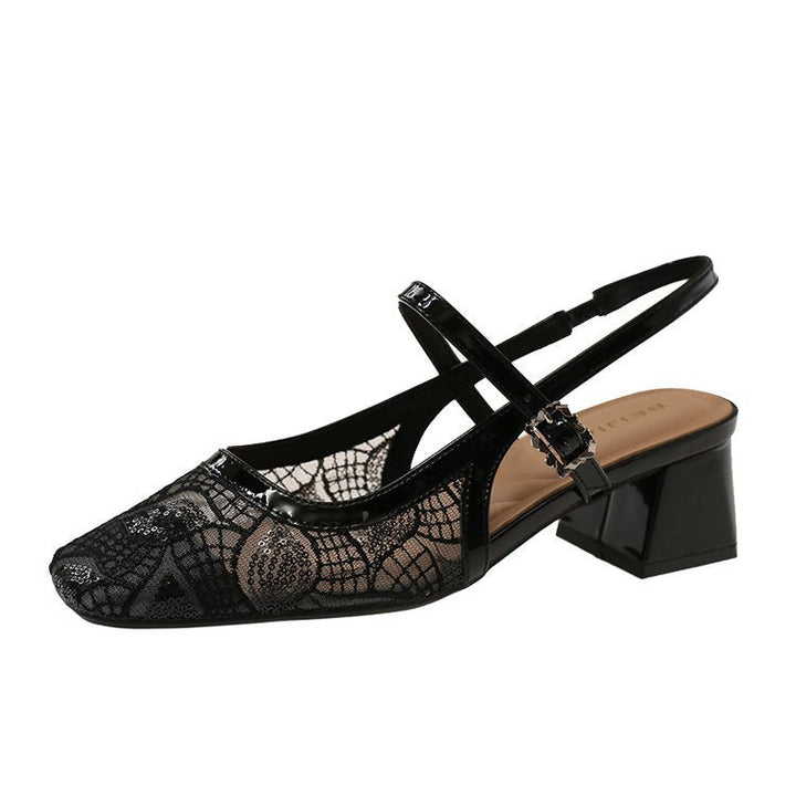 Damen Slingback-Pumps mit floralem Spitzenmuster und elegantem Blockabsatz