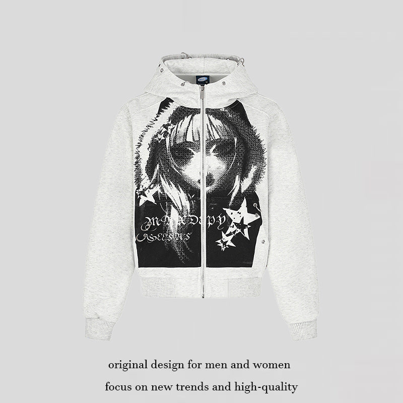 Damen Kapuzen‑Sweatjacke mit fotorealistischem Manga‑Frontprint, Fleece‑Futter und durchgehendem Reißverschluss Nord Taschen