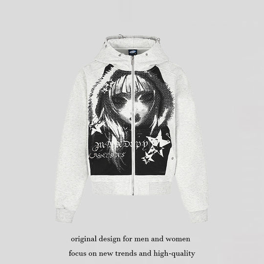 Damen Kapuzen‑Sweatjacke mit fotorealistischem Manga‑Frontprint, Fleece‑Futter und durchgehendem Reißverschluss Nord Taschen