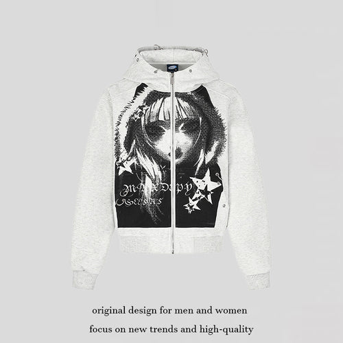 Damen Kapuzen‑Sweatjacke mit fotorealistischem Manga‑Frontprint, Fleece‑Futter und durchgehendem Reißverschluss Nord Taschen