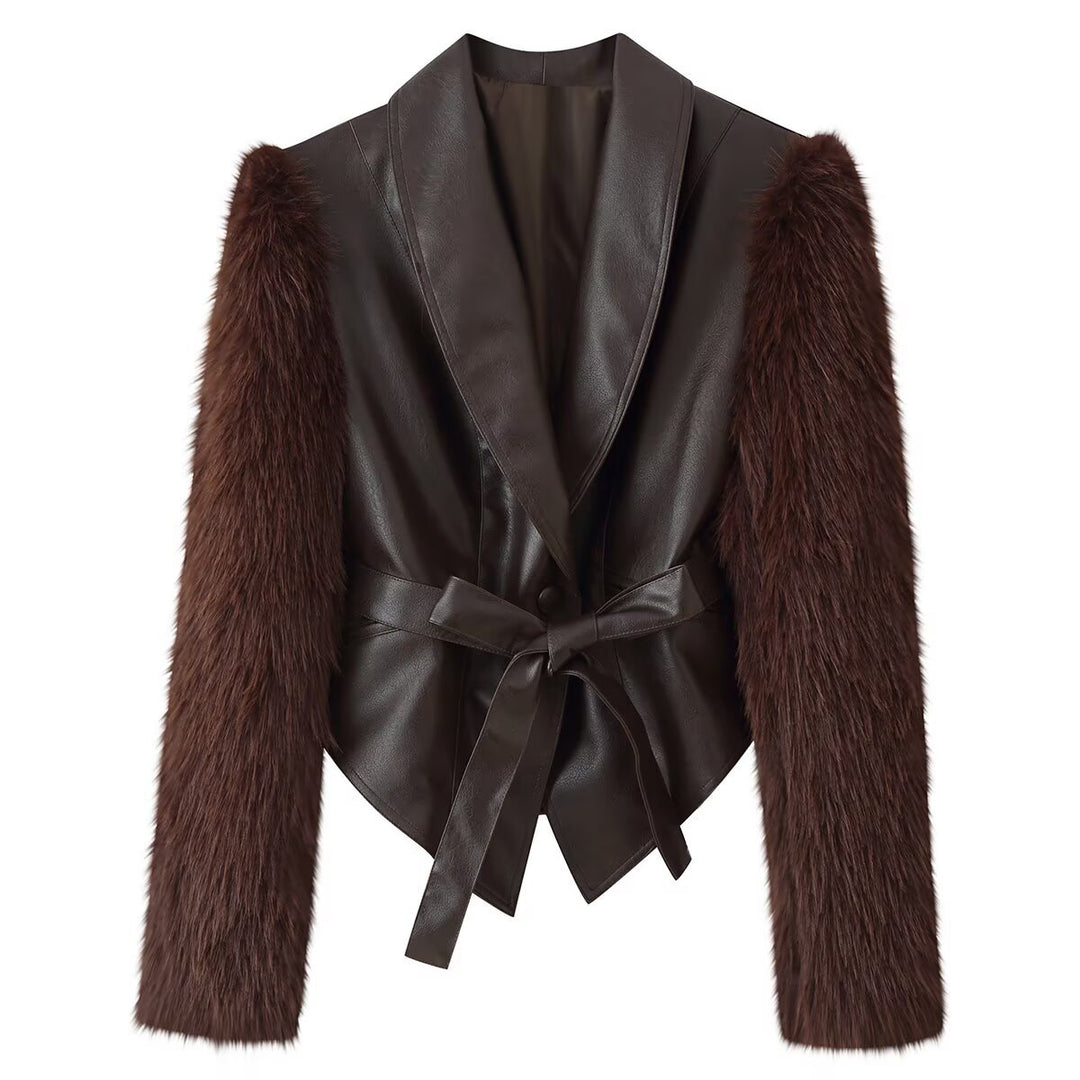 Damen Kurzjacke aus Lederimitat mit langen Kunstfellärmeln und Bindegürtel Nord Taschen