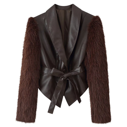 Damen Kurzjacke aus Lederimitat mit langen Kunstfellärmeln und Bindegürtel Nord Taschen