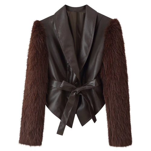 Damen Kurzjacke aus Lederimitat mit langen Kunstfellärmeln und Bindegürtel Nord Taschen