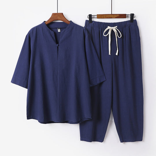 Damen Leichtes Leinen-Baumwoll-Loungewear-Set mit Stehkragen, Dreiviertelärmeln und Gummizugbundhose Nord Taschen