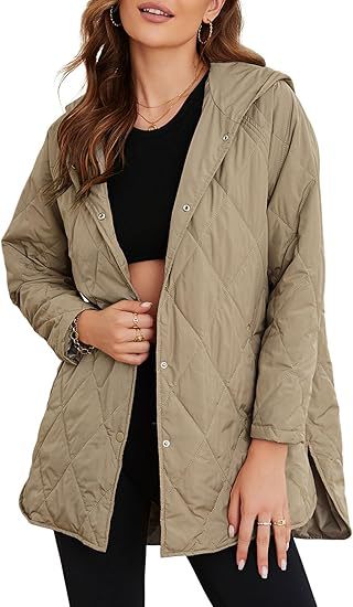 Damen gesteppte Kapuzenjacke mit Druckknopfleiste, seitlichen Schlitzen und mittlerer Länge Nord Taschen