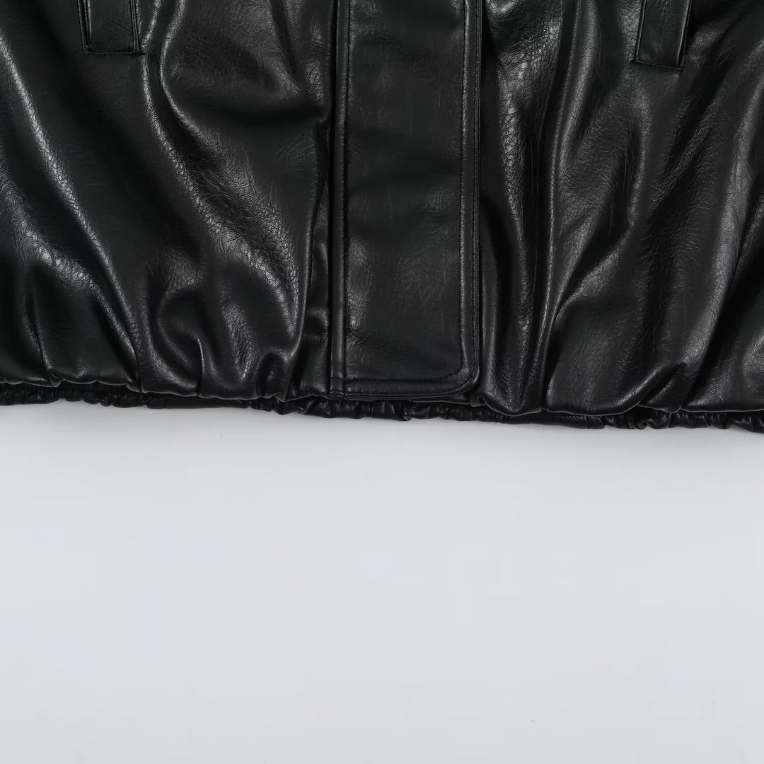 Damen Oversize Lederoptik-Blousonjacke mit Stehkragen und elastischem Saum Nord Taschen