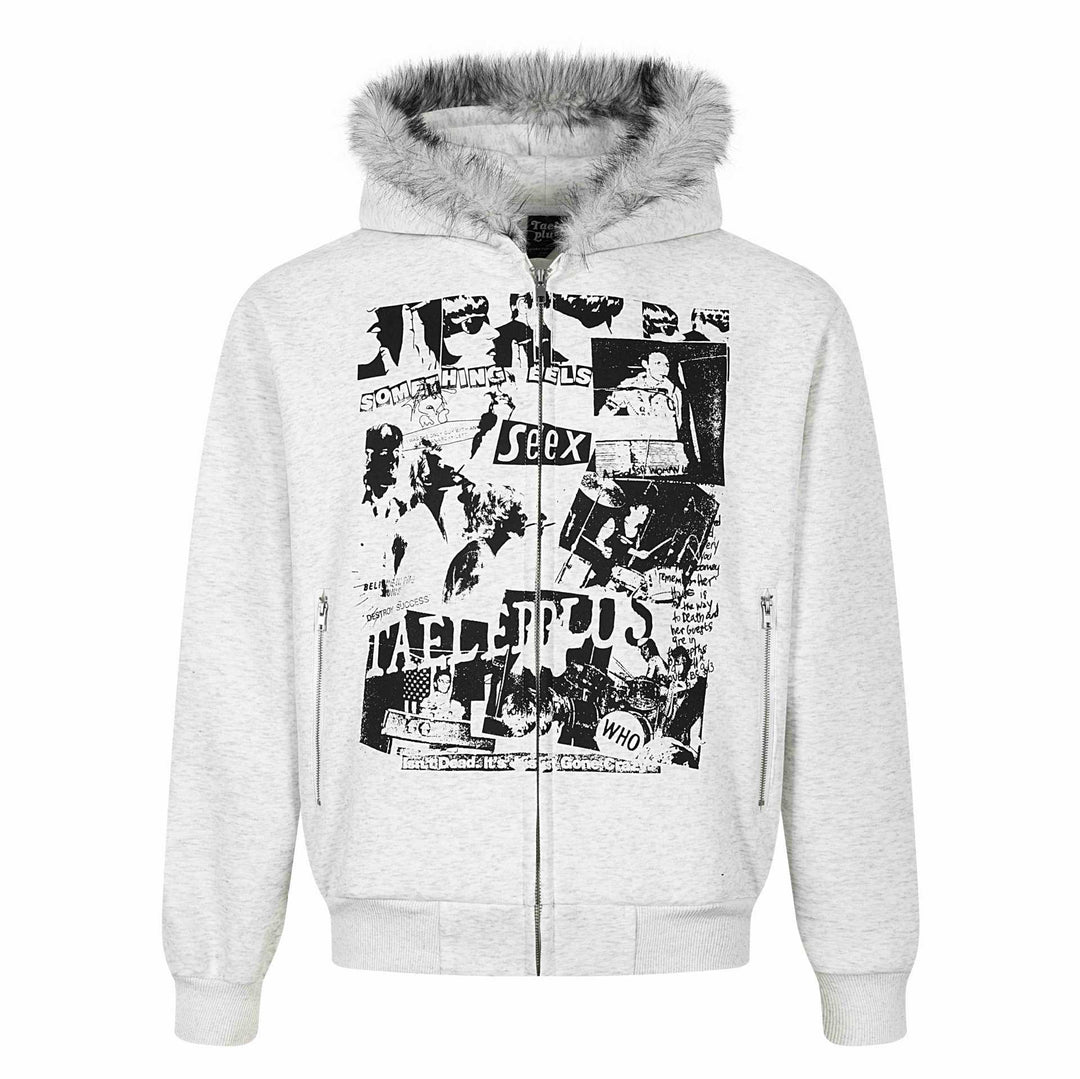 Damen Kapuzen‑Sweatjacke mit Kunstfellbesatz, Frontzip und Collage‑Print Nord Taschen