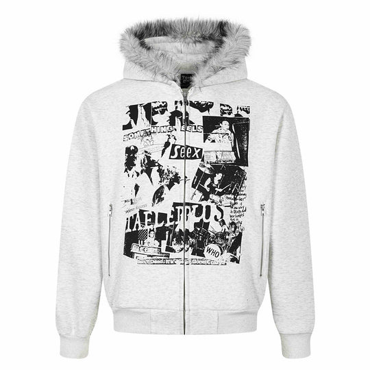 Damen Kapuzen‑Sweatjacke mit Kunstfellbesatz, Frontzip und Collage‑Print Nord Taschen
