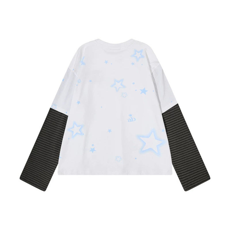 Damen Layered-Langarmshirt mit gestreiften Einsatzärmeln, Stern-Print und Applikation Nord Taschen