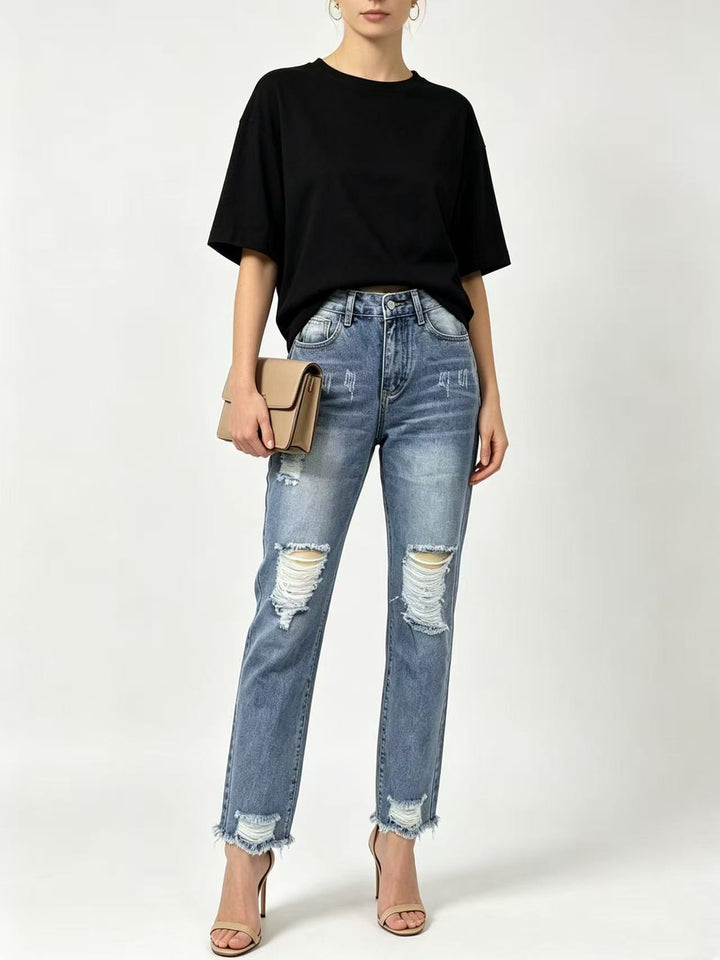 Damen hochgeschnittene Straight Leg Jeans mit gezielten Rissdetails und rohem Knöchelabschluss Nord Taschen