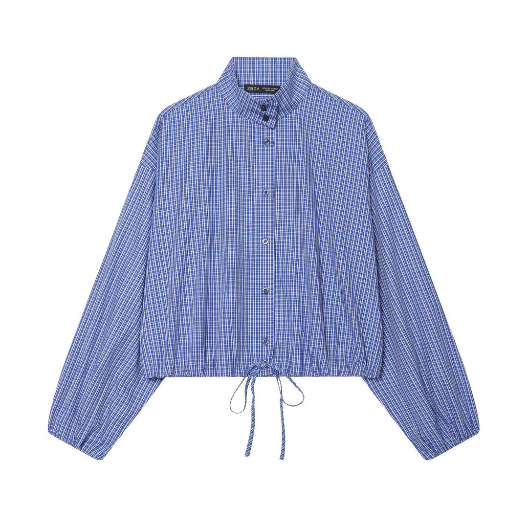 Damen Kariertes Cropped-Hemd mit Stehkragen, Kordelzugsaum und Ballonärmeln Nord Taschen