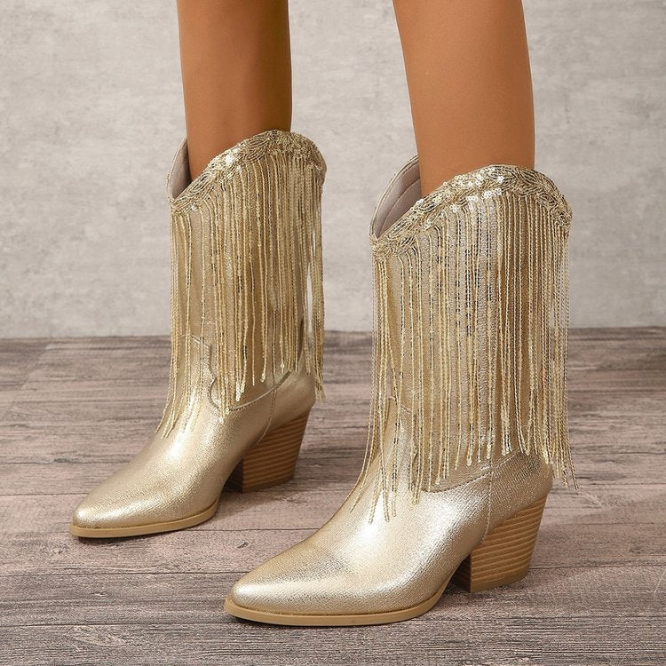 Damen nan kniehohe Fransen-Cowboystiefel mit feiner Perlenfransen-Verzierung und geformtem Blockabsatz Nord Taschen