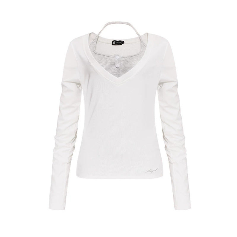 Damen Langarm-Shirt mit doppeltem Layer‑Effekt, tiefem V‑Ausschnitt und gestreiftem Einsatz Nord Taschen