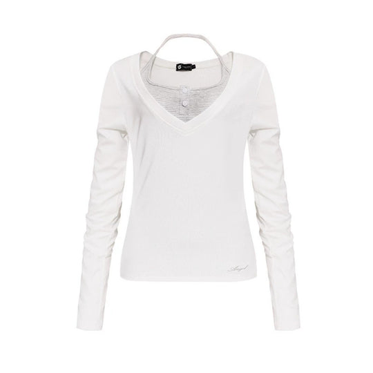 Damen Langarm-Shirt mit doppeltem Layer‑Effekt, tiefem V‑Ausschnitt und gestreiftem Einsatz Nord Taschen
