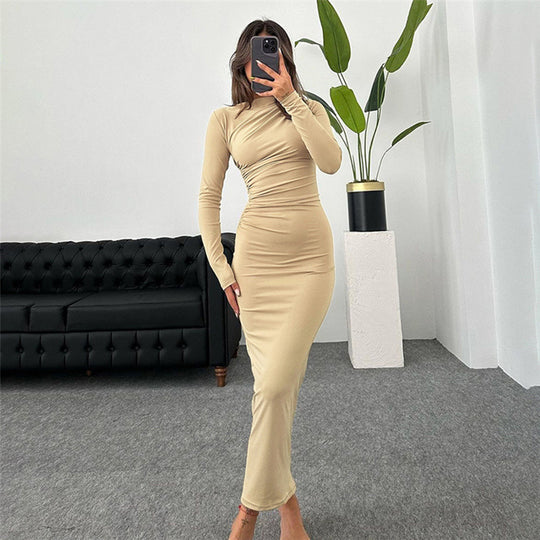 Damen figurbetontes Maxikleid mit hohem Kragen und seitlicher Raffung Nord Taschen