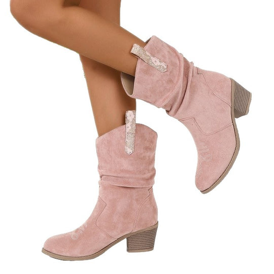 Damen Cowboy-Stiefeletten mit mittlerem Blockabsatz und gerafftem Schaft Nord Taschen