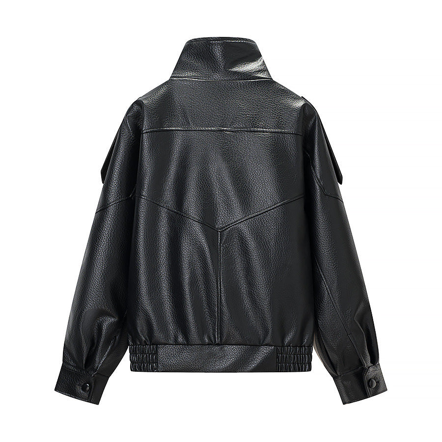 Damen Oversized Kunstlederjacke mit hohem Stehkragen, asymmetrischer Knopfleiste und elastischem Saum Nord Taschen