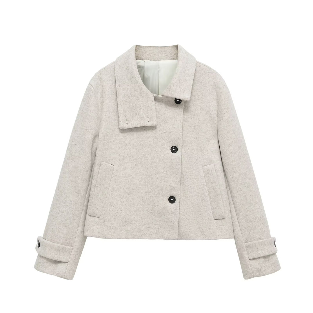 Damen Kurze Wollmischjacke mit Umschlagkragen, Kastenform und verstellbaren Manschetten Nord Taschen