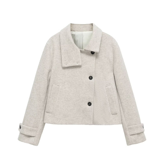 Damen Kurze Wollmischjacke mit Umschlagkragen, Kastenform und verstellbaren Manschetten Nord Taschen