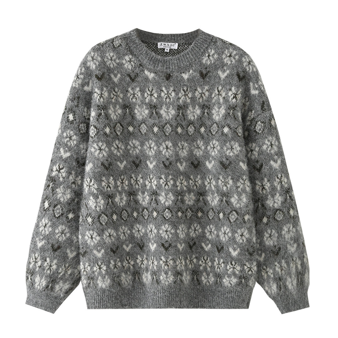 Damen Oversize Mohair-Mix Pullover mit Rundhals und Fair-Isle-Muster Nord Taschen