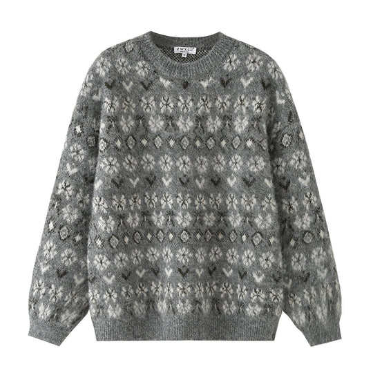 Damen Oversize Mohair-Mix Pullover mit Rundhals und Fair-Isle-Muster Nord Taschen
