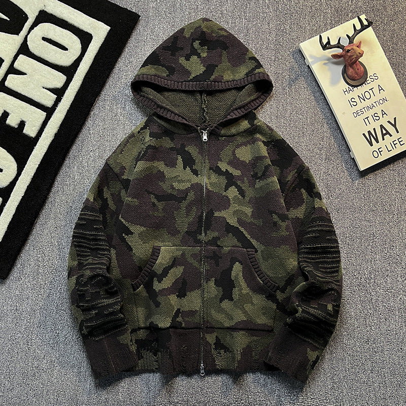Herren Strick-Kapuzenjacke im Camouflage-Look mit Reißverschluss und used-Details Nord Taschen