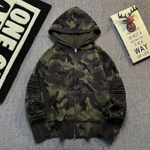 Herren Strick-Kapuzenjacke im Camouflage-Look mit Reißverschluss und used-Details Nord Taschen