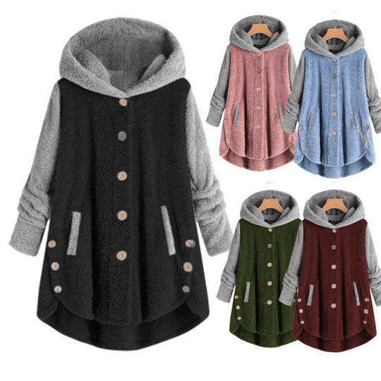 Damen Oversized Teddy-Mantel mit Kapuze, asymmetrischem Zipfelsaum und Holzknopf-Leiste Nord Taschen