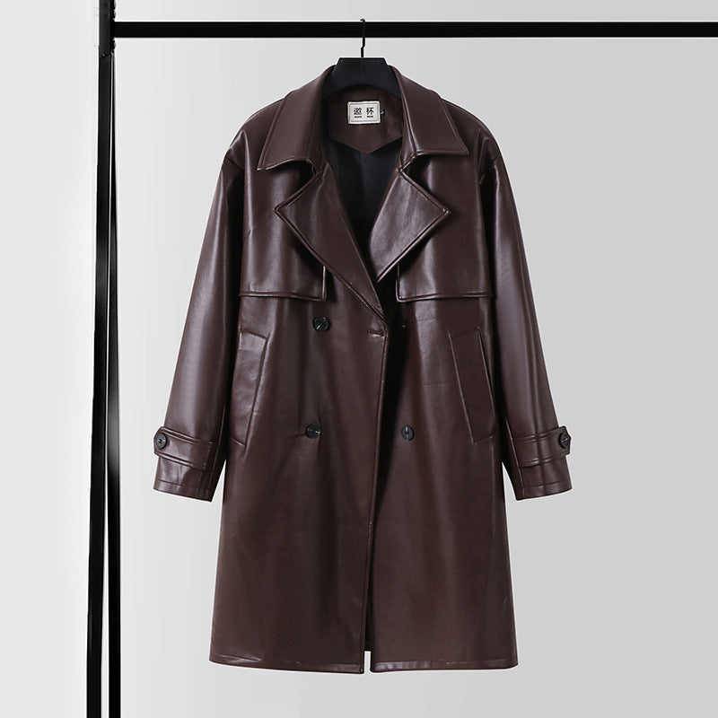 Herren Lederimitat-Trenchcoat mit Doppelreiher, Oversize-Schnitt und Manschettenriegel Nord Taschen