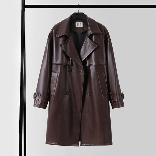 Herren Lederimitat-Trenchcoat mit Doppelreiher, Oversize-Schnitt und Manschettenriegel Nord Taschen