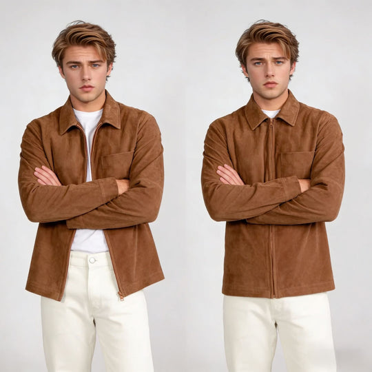 Herren Velourslederjacke mit Reißverschluss und Hemdkragen Nord Taschen