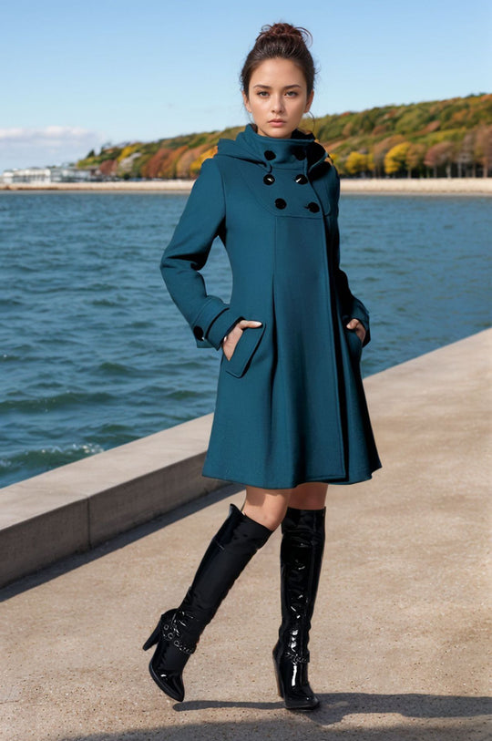 Damen Taillierter Wollmix-Mantel mit hohem Stehkragen und A-Linien-Silhouette Nord Taschen