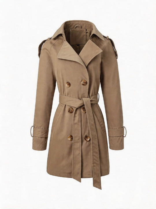 Damen Taillierter Trenchcoat mit Bindegürtel, Schulterriegeln und Metallring-Details Nord Taschen