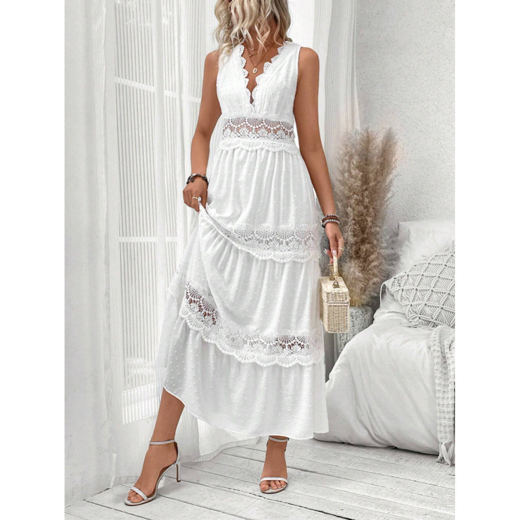 Damen Langes, elegantes Maxikleid mit Spitzenakzenten und Volants